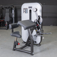 Thumbnail for Black and gray biceps/triceps combo gym machine with padded seat and armrest.