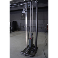 Thumbnail for Black cable crossover machine with a D-handle attachment and weight stack in a gym.