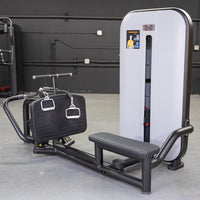 Thumbnail for Black and white seated low row machine with pin selectorized weight stack and instruction diagram.