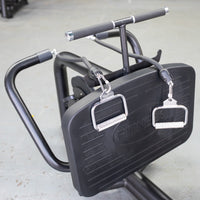 Thumbnail for Close-up of a black seated low row machine with two silver D-handles attached to cables.