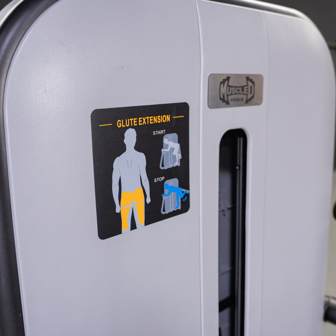 Glute Extension exercise diagram on a gray fitness machine with "Muscle D Vogue" logo.