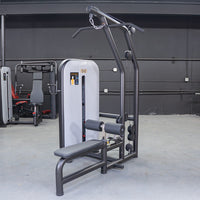 Thumbnail for Black and gray lat/low row machine with an adjustable seat and pin selectorized weights in a gym.