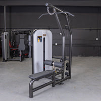 Thumbnail for Black and gray lat pulldown and low row combo machine with an adjustable seat and pin-selectorized weight stack.