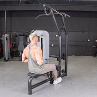 Thumbnail for Man performing a low row exercise on a black lat/low row machine with an adjustable seat.