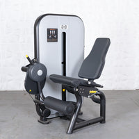 Thumbnail for Gray and black leg extension machine with adjustable seat and pin selectorized weight stack.