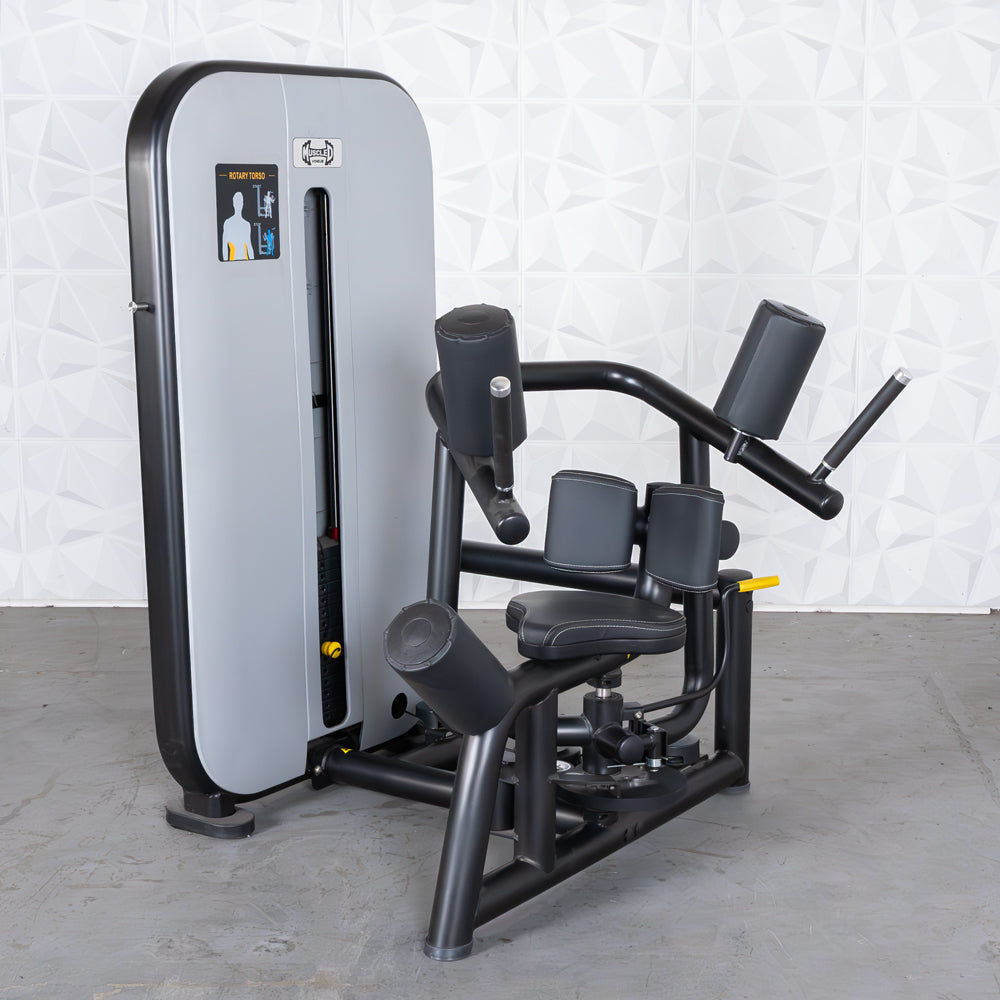 Gray and black rotary torso fitness machine with padded seat and backrests, weight stack, and instructional diagram.