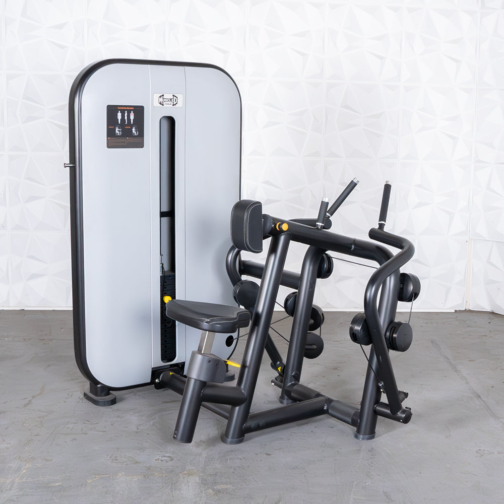 Black and gray seated row machine with adjustable seat and pin selectorized weight stack.