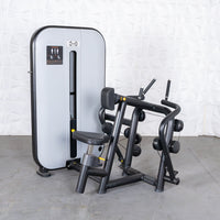 Thumbnail for Black and gray seated row machine with adjustable seat and pin selectorized weight stack.