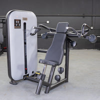 Thumbnail for Gray and black shoulder press machine with adjustable seat and pin selectorized weight stack.