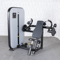 Thumbnail for Gray and black triceps extension machine with adjustable seat and pin-selectorized weight stack.