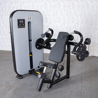 Thumbnail for Gray and black triceps extension machine with adjustable seat and pin-selectorized weight stack.
