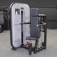 Thumbnail for Gray and black triceps press-down machine with an adjustable seat and weight stack.