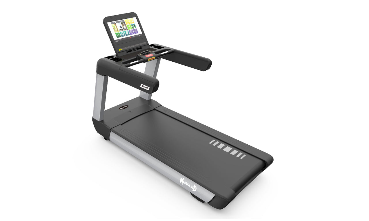 Black and silver commercial treadmill with a large touchscreen display showing colorful icons.