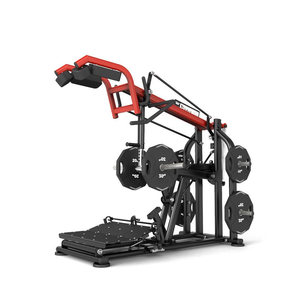 Black and red squat and calf combo machine with weight plates on a white background.