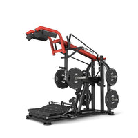 Thumbnail for Black and red squat and calf combo machine with weight plates on a white background.