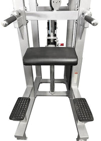 Thumbnail for Close-up of a silver chin-dip assist machine with a black padded knee rest, handles, and foot platforms.