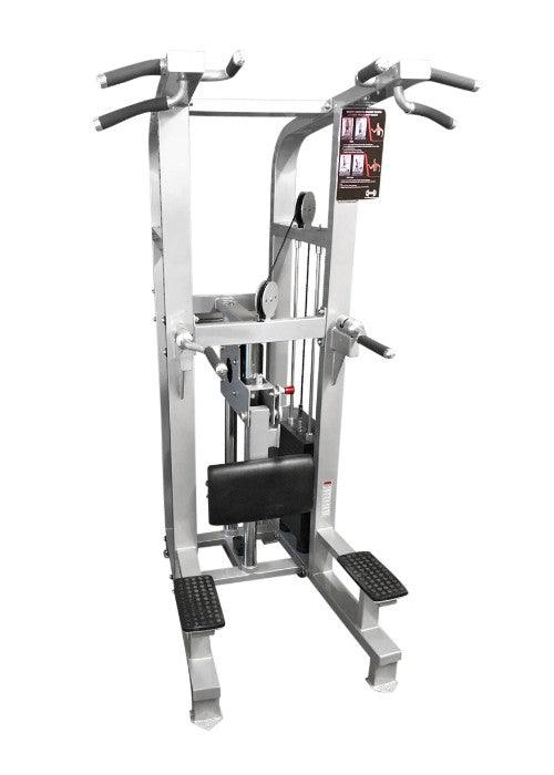 Silver and black assisted chin-dip combo machine with weight stack, footplates, and multiple grip handles.