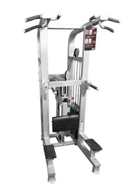 Thumbnail for Silver and black assisted chin-dip combo machine with weight stack, footplates, and multiple grip handles.