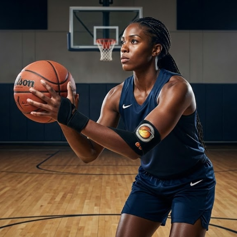 Basketball player wearing a black wrist wrap and elbow sleeve, holding a basketball.