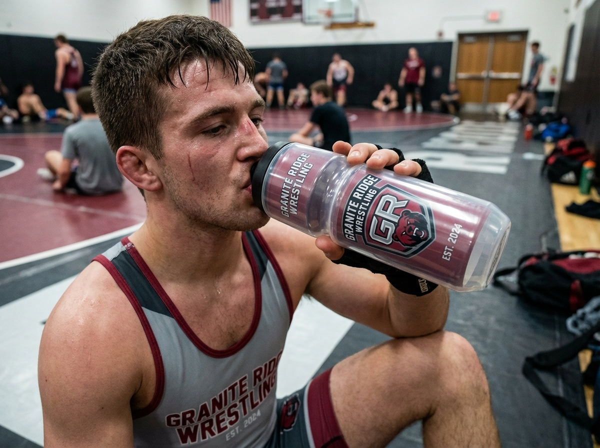 Athlete in wrestling singlet drinking from a clear water bottle with a red and black custom logo.