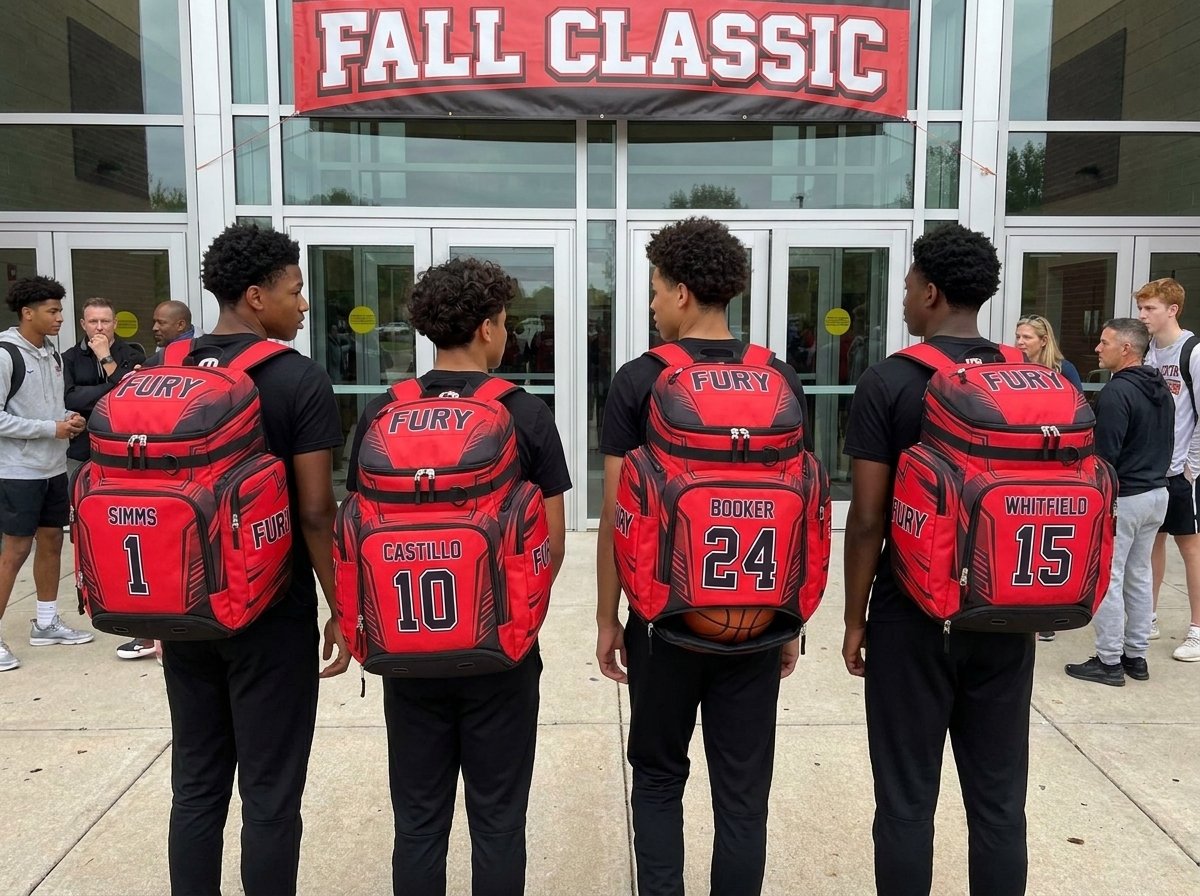 AAU travel basketball team arriving at a tournament with red custom basketball backpacks
