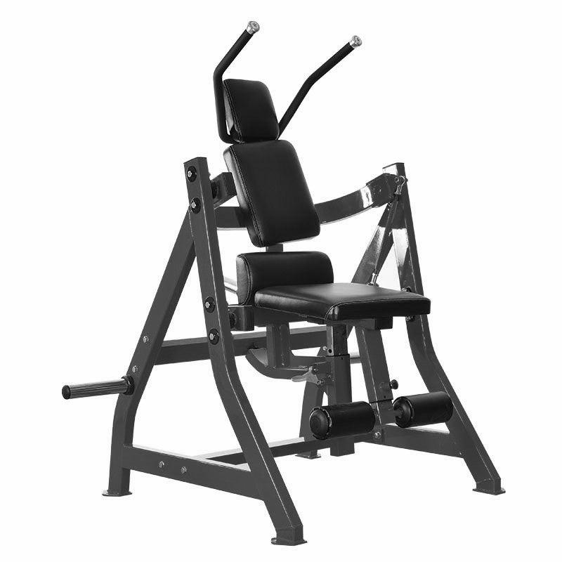 Plate-loaded abdominal crunch machine with black padded seat and backrest on a dark gray frame.