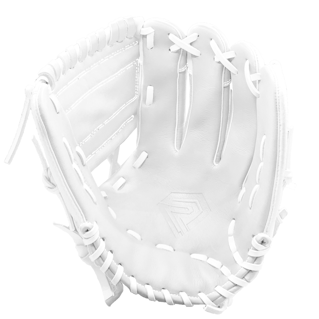 White custom baseball glove with a subtle logo on the palm.