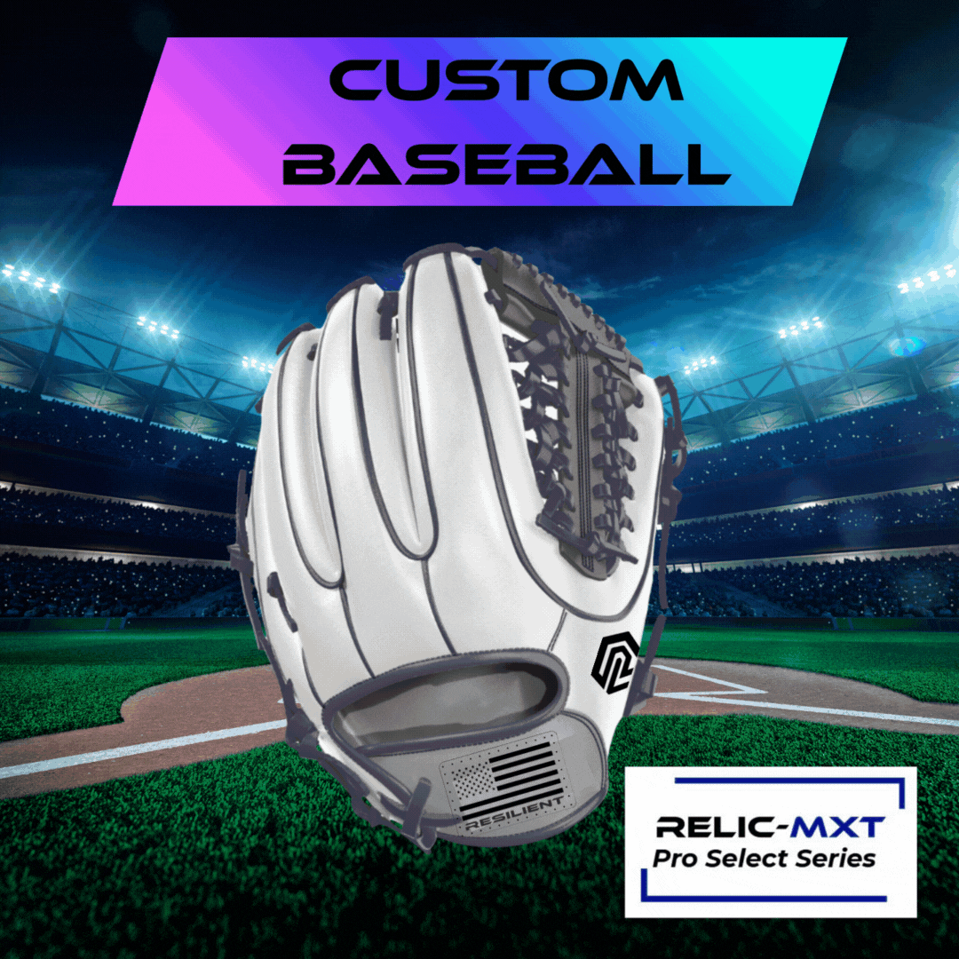 White baseball glove with black lacing and "RESILIENT" American flag patch on a baseball field background.