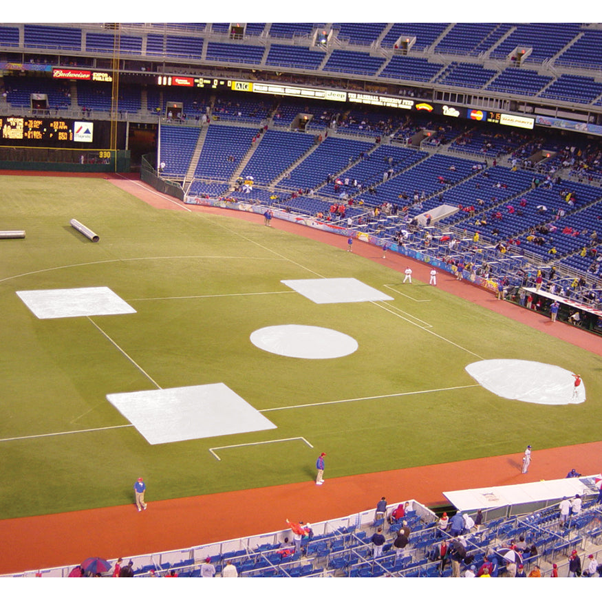 Baseball Tarp with Ground Stakes (26 ft. Round - 6 oz. Polyethylene) (Home Plate) (White or Silver - Reversible)