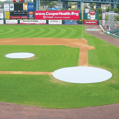 Baseball Tarp with Ground Stakes (20 ft. Round - 6 oz. Polyethylene) (Pitcher 's Mound) (White or Silver - Reversible)