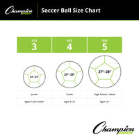 Thumbnail for Soccer ball size chart showing sizes 3, 4, and 5 with corresponding ages and circumference ranges.