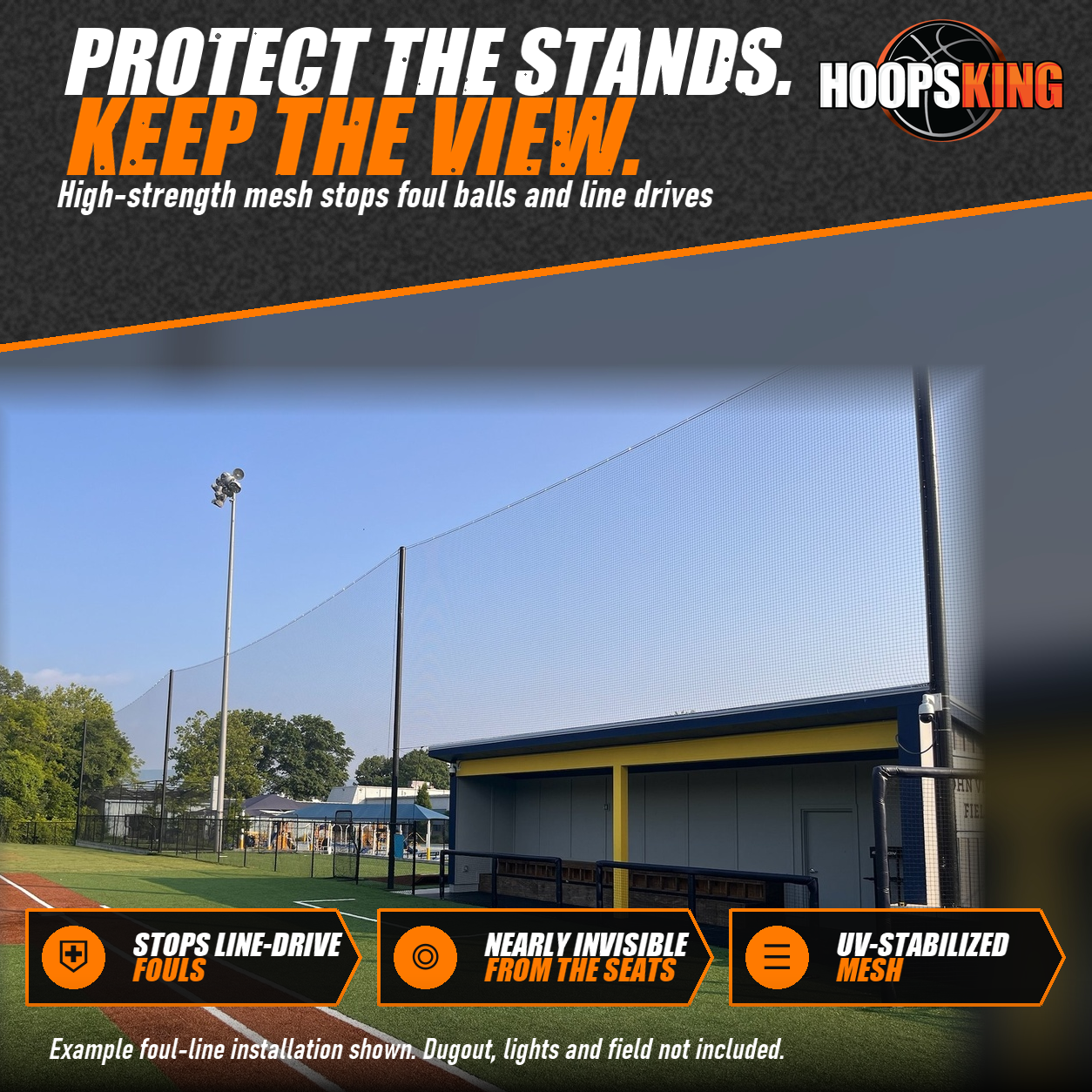 Tall black backstop netting on poles running along the foul line of a turf baseball field beside a covered dugout