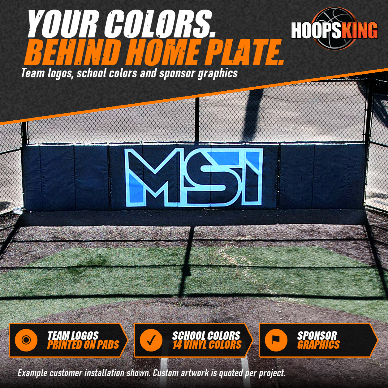 Blue backstop pads printed with a large MSI logo zip-tied to a batting cage fence above home plate