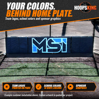 Thumbnail for Blue backstop pads printed with a large MSI logo zip-tied to a batting cage fence above home plate