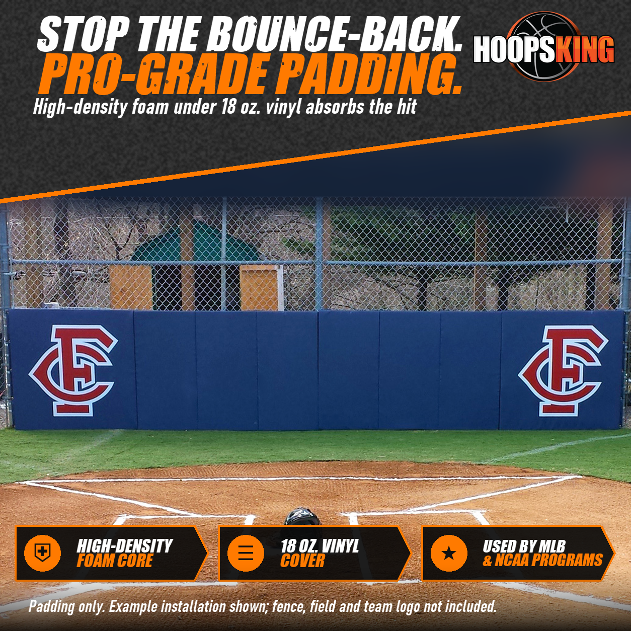 Navy CoverSports folding backstop pads with red and white team logos installed along a fence behind home plate