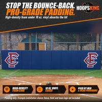Thumbnail for Navy CoverSports folding backstop pads with red and white team logos installed along a fence behind home plate