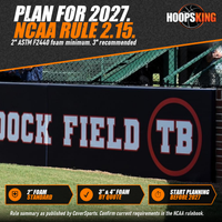 Thumbnail for Close view of black stadium wall padding printed with a red-ringed TB logo next to a brick pillar