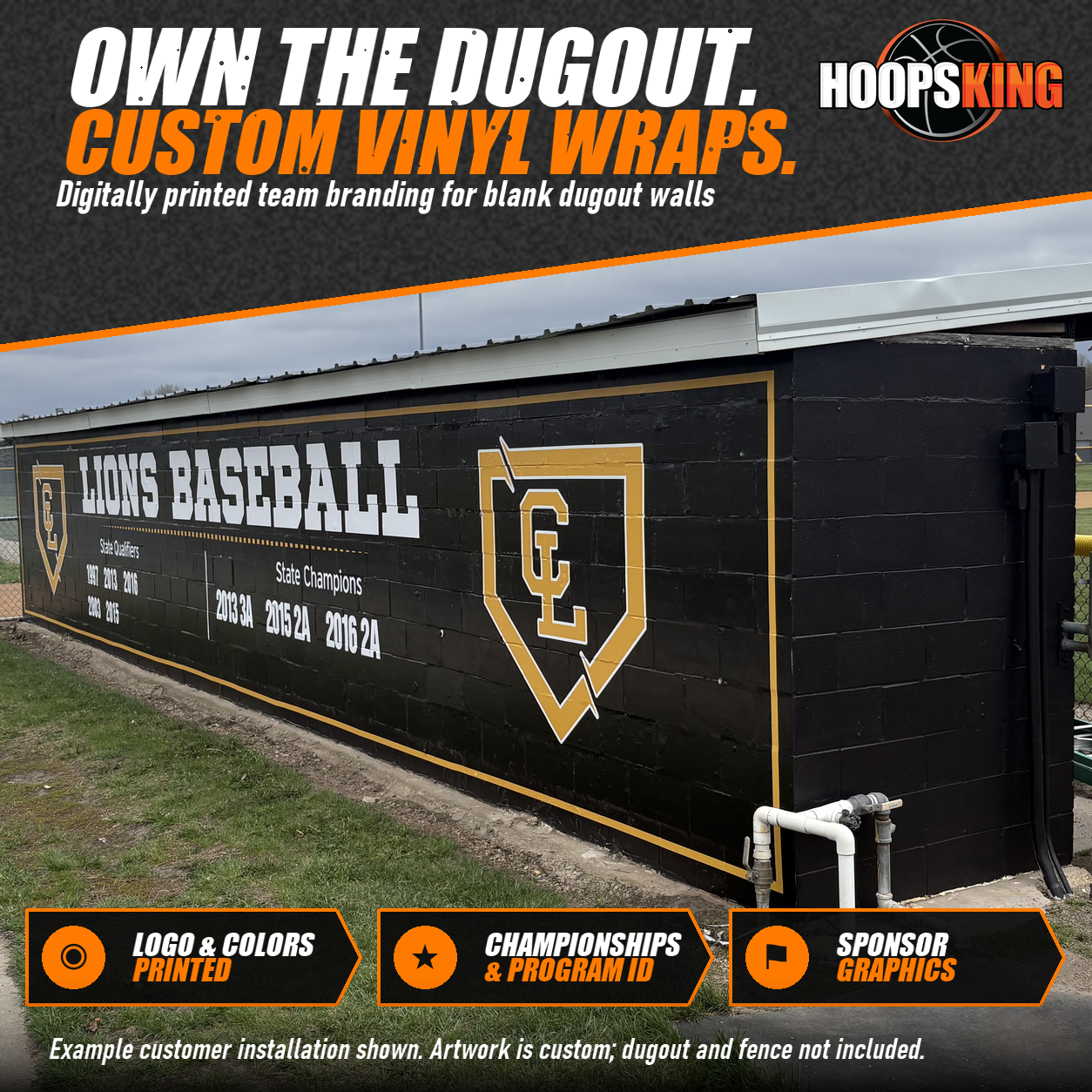 Black dugout wall wrapped with Lions Baseball lettering, gold CL logo and state champion years beside a chain-link gate