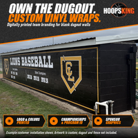 Thumbnail for Black dugout wall wrapped with Lions Baseball lettering, gold CL logo and state champion years beside a chain-link gate