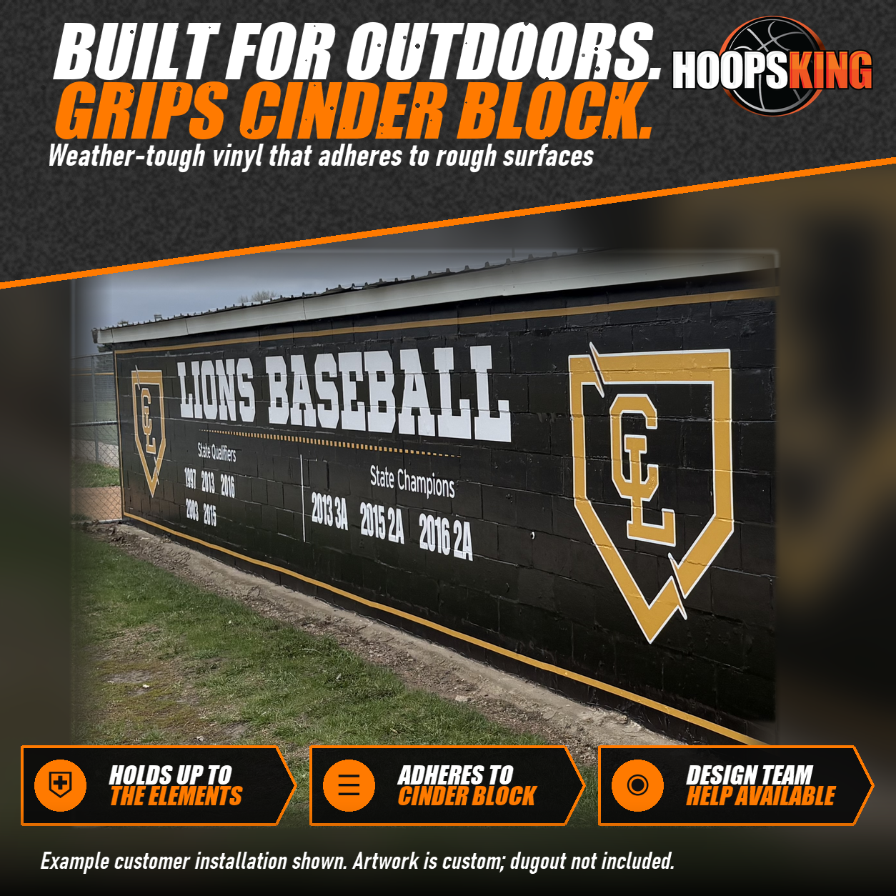Close view of a black dugout vinyl wrap with white Lions Baseball lettering and state qualifier years on a cinder block wall