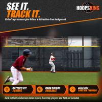 Thumbnail for Dark mesh windscreen with a yellow fence top behind an outfielder throwing on a turf baseball field