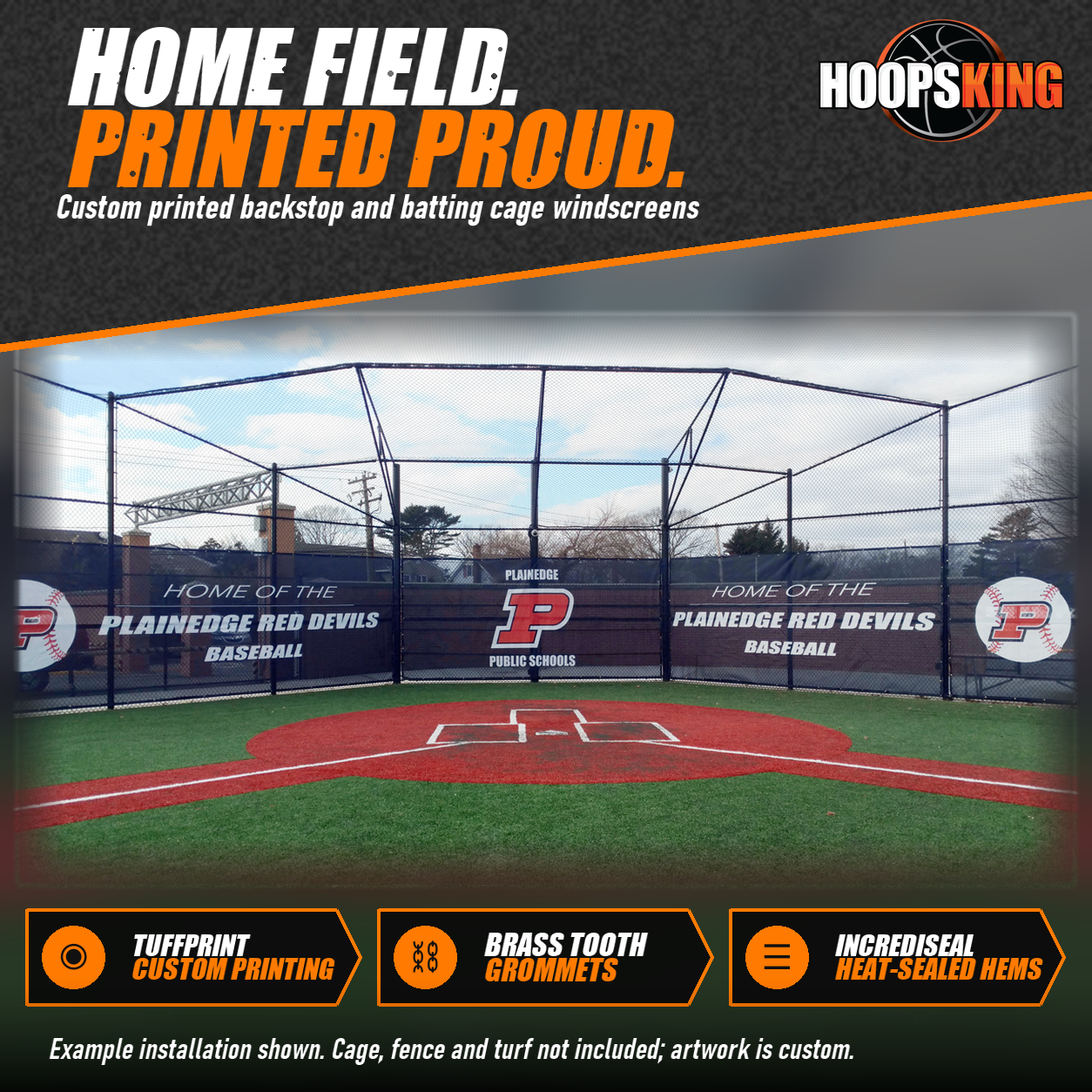 Navy windscreens printed with Home of the Plainedge Red Devils Baseball and a red P logo around a turf batting cage
