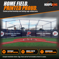 Thumbnail for Navy windscreens printed with Home of the Plainedge Red Devils Baseball and a red P logo around a turf batting cage