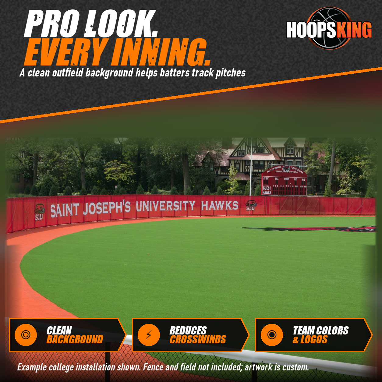 Red mesh outfield windscreen printed with Saint Joseph's University Hawks lettering along a curved fence around a turf baseball field