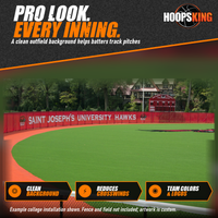 Thumbnail for Red mesh outfield windscreen printed with Saint Joseph's University Hawks lettering along a curved fence around a turf baseball field
