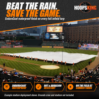 Thumbnail for Grounds crew in orange pulling a white FieldSaver full infield rain tarp across the diamond at Camden Yards in Baltimore