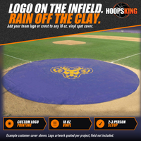 Thumbnail for Purple vinyl rain spot cover printed with a gold ram logo covering the home plate area of a baseball infield