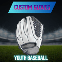 Thumbnail for White youth baseball glove with black lacing on a baseball field background.
