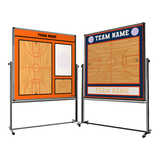 Two rolling basketball whiteboards with court diagrams and "TEAM NAME" text, one orange, one blue.