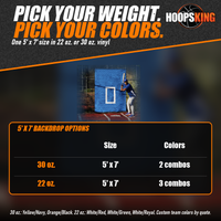 Thumbnail for Chart of CageSaver backdrop options, 5 by 7 feet in 22 or 30 oz. vinyl, below a blue backdrop with white strike zone on a cage fence